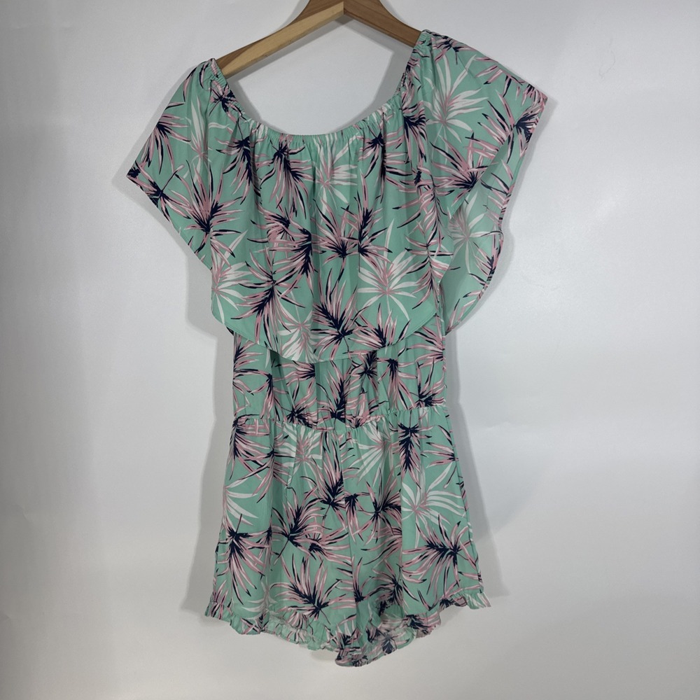 Buddy Love Romper Women Medium Mint Green Pink Tropical Palm Ruffle Off Shoulder